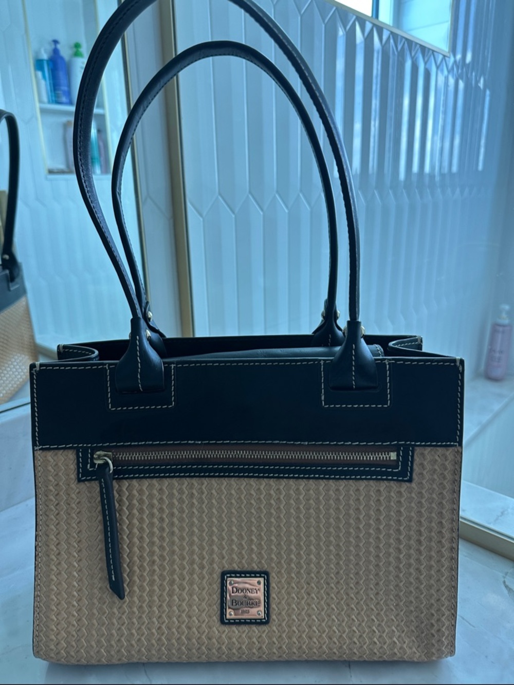 Dooney & Bourke Tan Woven Tote with Black Trim